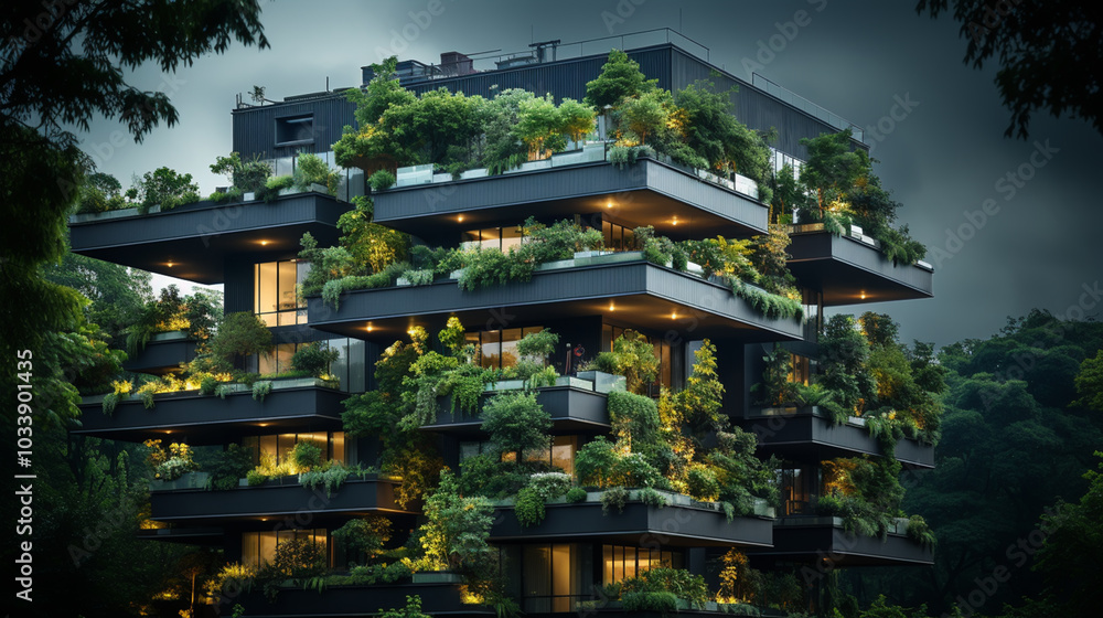 Vertical garden with green trees on the building. Green building, eco friendly business concept. Vertical garden with green trees on the building. Green building, eco friendly business concept.