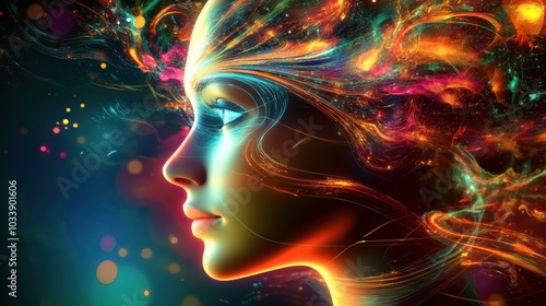 Profile of a woman surrounded by vibrant, swirling light patterns, symbolizing creativity, imagination, and abstract futuristic concepts. 