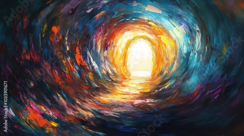 abstract colors swirl in a vivid painting of the empty tomb of jesus, invoking christian themes of resurrection and hope, with a spiritual and uplifting mood