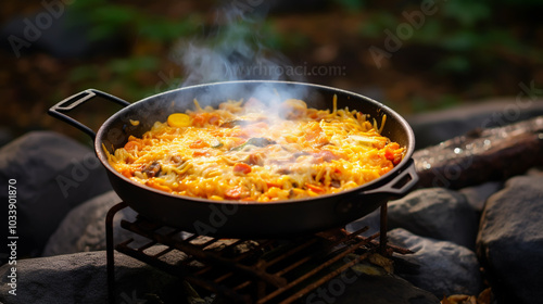 Portable gas stove and a frying pan in the camp with sunlight.