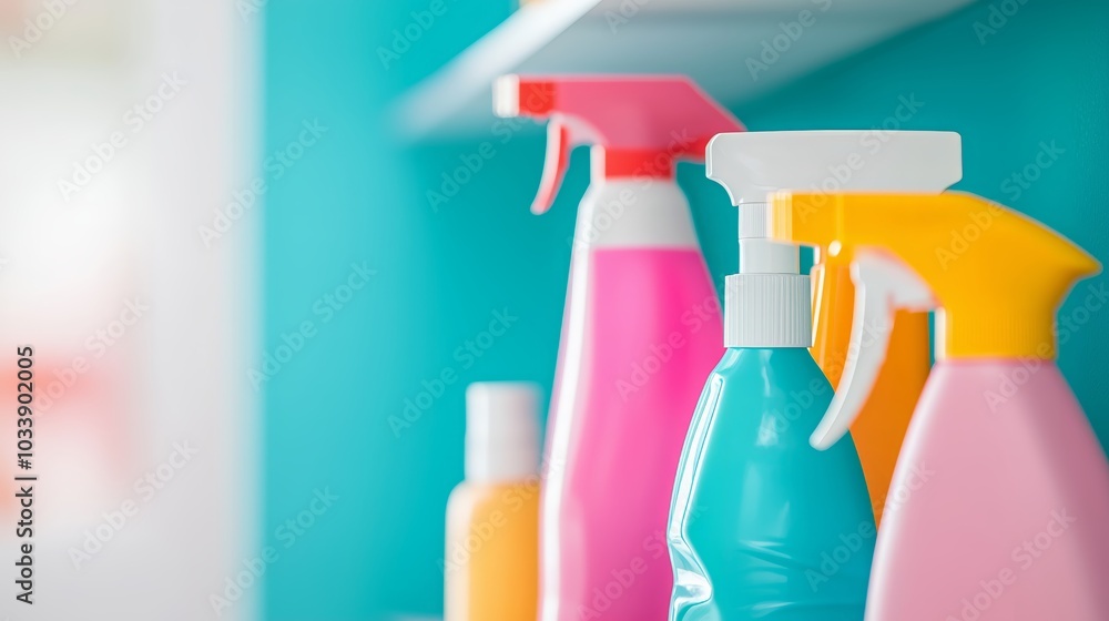 Detailed shot of cleaning supplies neatly organized on a shelf, bright colors and clean labels, cleaning supplies, organized home care Detailed shot of cleaning supplies neatly organized on a shelf, bright colors and clean labels, cleaning supplies, organized home care