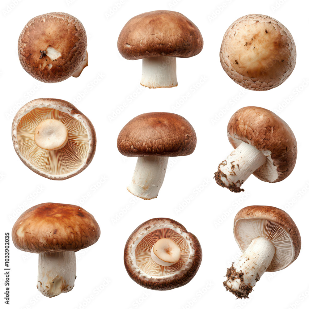 Set of freshly picked rustic edible forest mushrooms arranged on a wooden table, showcasing nature's bounty. Set of freshly picked rustic edible forest mushrooms arranged on a wooden table, showcasing nature's bounty.