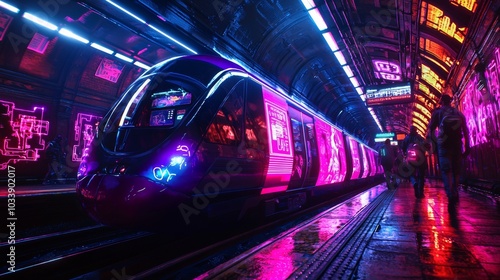 Vibrant Cyberpunk Subway Scene with Neon Lights and Futuristic Train, Dark Rainy Underground Station