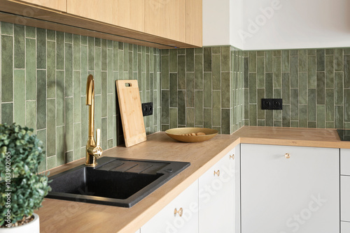 Kitchen interior in modern style with kitchen sink with tap, contemporary green tile on the wall, wooden counter and furniture. New apartment with design decor. Real estate.