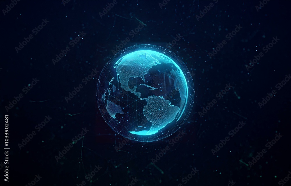 A glowing, digital representation of Earth with a dark blue background, containing lines of code that form the planet's continents. A glowing, digital representation of Earth with a dark blue background, containing lines of code that form the planet's continents.