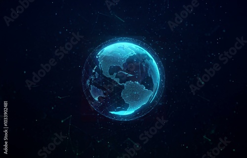 A glowing, digital representation of Earth with a dark blue background, containing lines of code that form the planet's continents.