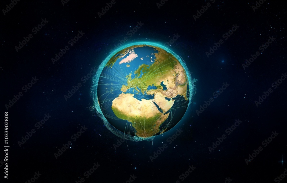 Obraz premium A realistic depiction of Earth as seen from space, with a focus on Europe and the Middle East. The globe is surrounded by a glowing blue ring, with thin light lines extending outwards, resembling a we