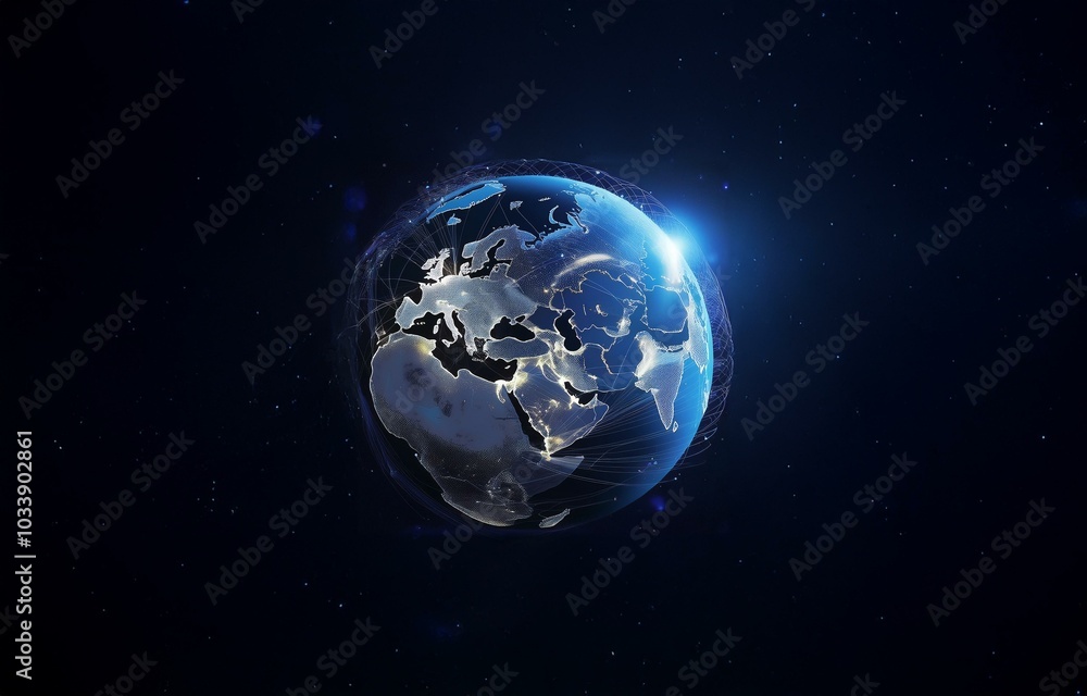 Obraz premium A glowing, digital rendering of the Earth with a network of lines and points.