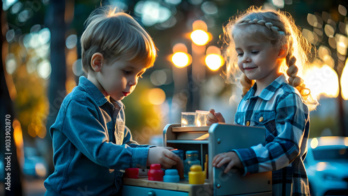 Kids Running Mini Outdoor Store Concept: Two Adorable Children Engaging in Imaginative Role Play with Play Cash Registers and Products in a Sunny Park - Perfect for Stock Photography photo