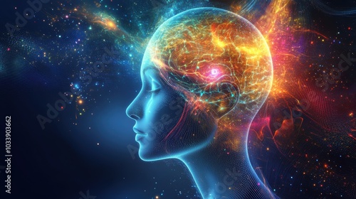 Profile of a woman surrounded by vibrant, swirling light patterns, symbolizing creativity, imagination, and abstract futuristic concepts.
