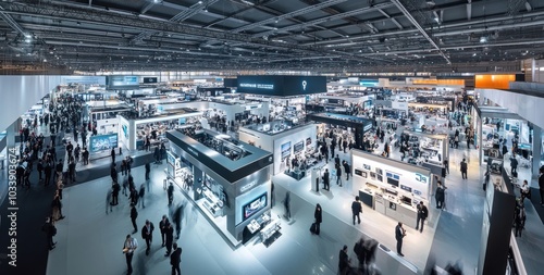 A large exhibition hall technology display person.