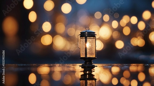 vintage lantern in the night on blurred colorful bokeh background.
