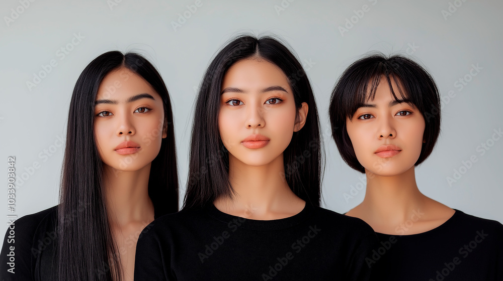 Three women with long hair are standing next to each other. They are all wearing black shirts and have their hair styled in a similar way. Concept of unity and harmony among the women Three women with long hair are standing next to each other. They are all wearing black shirts and have their hair styled in a similar way. Concept of unity and harmony among the women