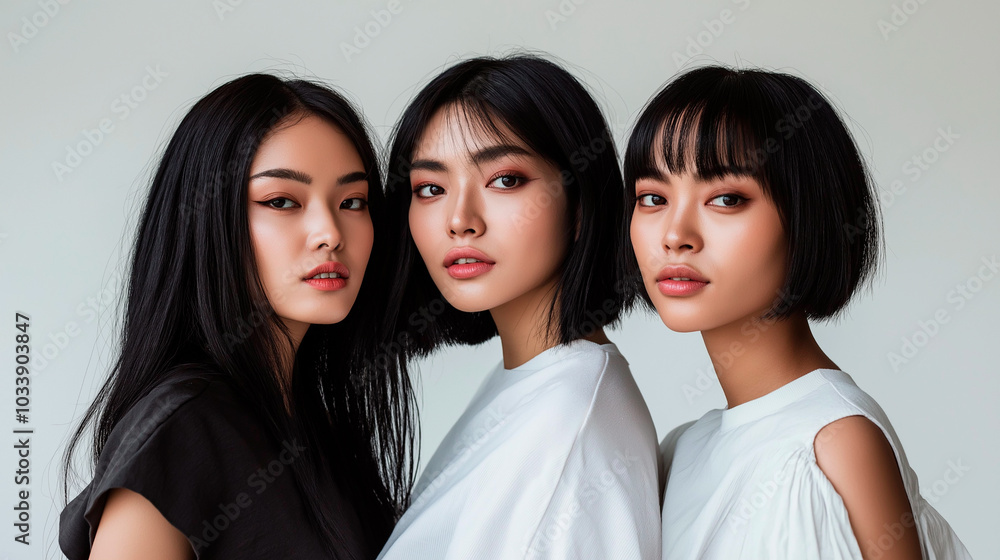 Three stylish Asian women with sleek black hair, wearing minimalist white outfits, posing together against a neutral background, showcasing beauty and elegance Three stylish Asian women with sleek black hair, wearing minimalist white outfits, posing together against a neutral background, showcasing beauty and elegance