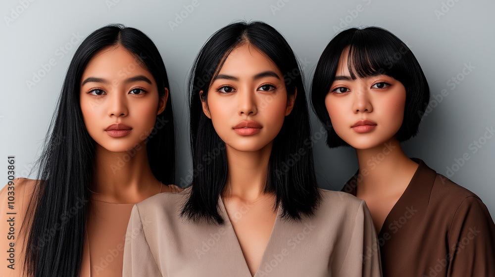 Three women with long hair are standing next to each other. They are all wearing brown clothing. Scene is casual and friendly Three women with long hair are standing next to each other. They are all wearing brown clothing. Scene is casual and friendly