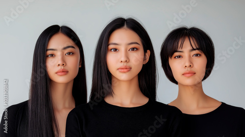 Three women with long hair are standing next to each other. They are all wearing black shirts and have their hair styled in a similar way. Concept of unity and harmony among the women