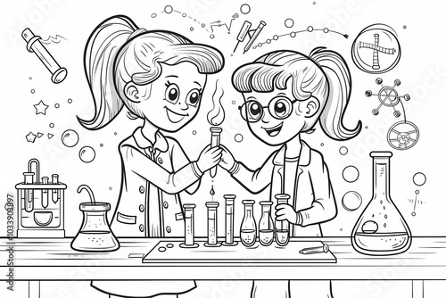 Two young girls, one with straight hair and one with curly hair, joyfully conducting a colorful science experiment in a lab setting.
