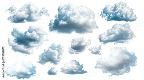 Various Clouds in a Set, Isolated on a Blank White Background