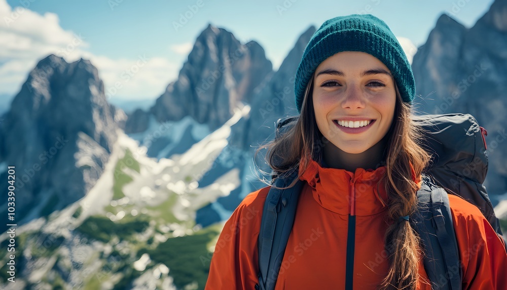 Smiling Woman with Backpack and Blue Beanie Against Mountain Background Smiling Woman with Backpack and Blue Beanie Against Mountain Background