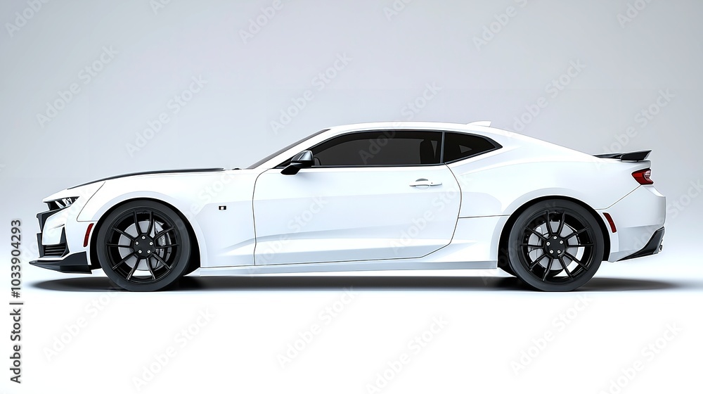 A stylish white sports car stands prominently against a subtle backdrop A stylish white sports car stands prominently against a subtle backdrop