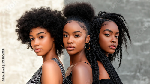 Portrait of three women with natural curly hairstyles, representing diversity, confidence, and modern beauty