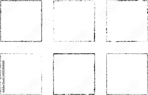 Set of vector border frames with rough edges . Square frame template collection . distress texture . Grunge tiny frame borders isolated on the background . Rough edges effect . Squares pack.