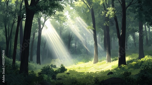 Sunlight Beaming Through Tall Trees In A Serene Forest 