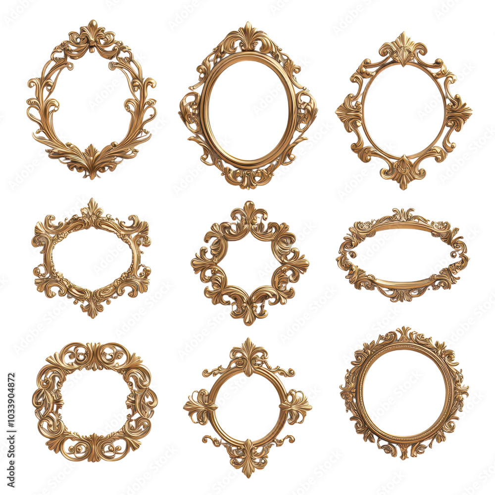 Intricate Set of Golden Frames with Layered Floral Motifs for Elegant Decor and Design Intricate Set of Golden Frames with Layered Floral Motifs for Elegant Decor and Design