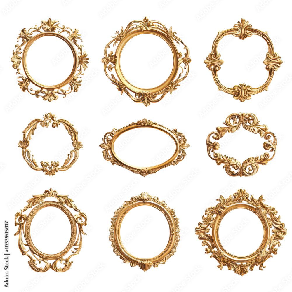 Intricate Set of Golden Frames with Layered Floral Motifs for Elegant Decor and Design Intricate Set of Golden Frames with Layered Floral Motifs for Elegant Decor and Design