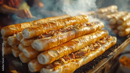 A traditional Vietnamese food cart with stacks of freshly baked baguettes for making bánh mì sandwiches, the vendor grilling meat and assembling sandwiches for customers. photo