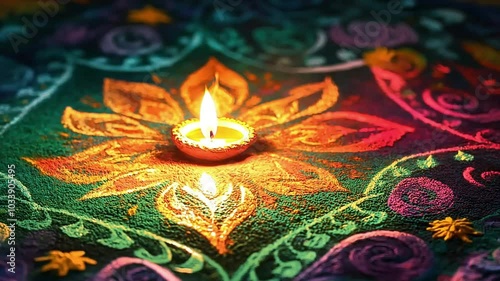 Lighting oil lamps on a colorful Diwali Rangoli design with a burning diya lamp during the festival of lights celebration.