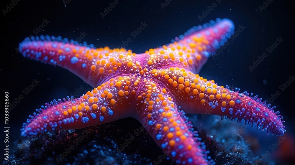vibrant portrait of a starfish rendered in neon colors against a dark background showcasing its unique textures and patterns creating a striking visual impact full of energy vibrant portrait of a starfish rendered in neon colors against a dark background showcasing its unique textures and patterns creating a striking visual impact full of energy