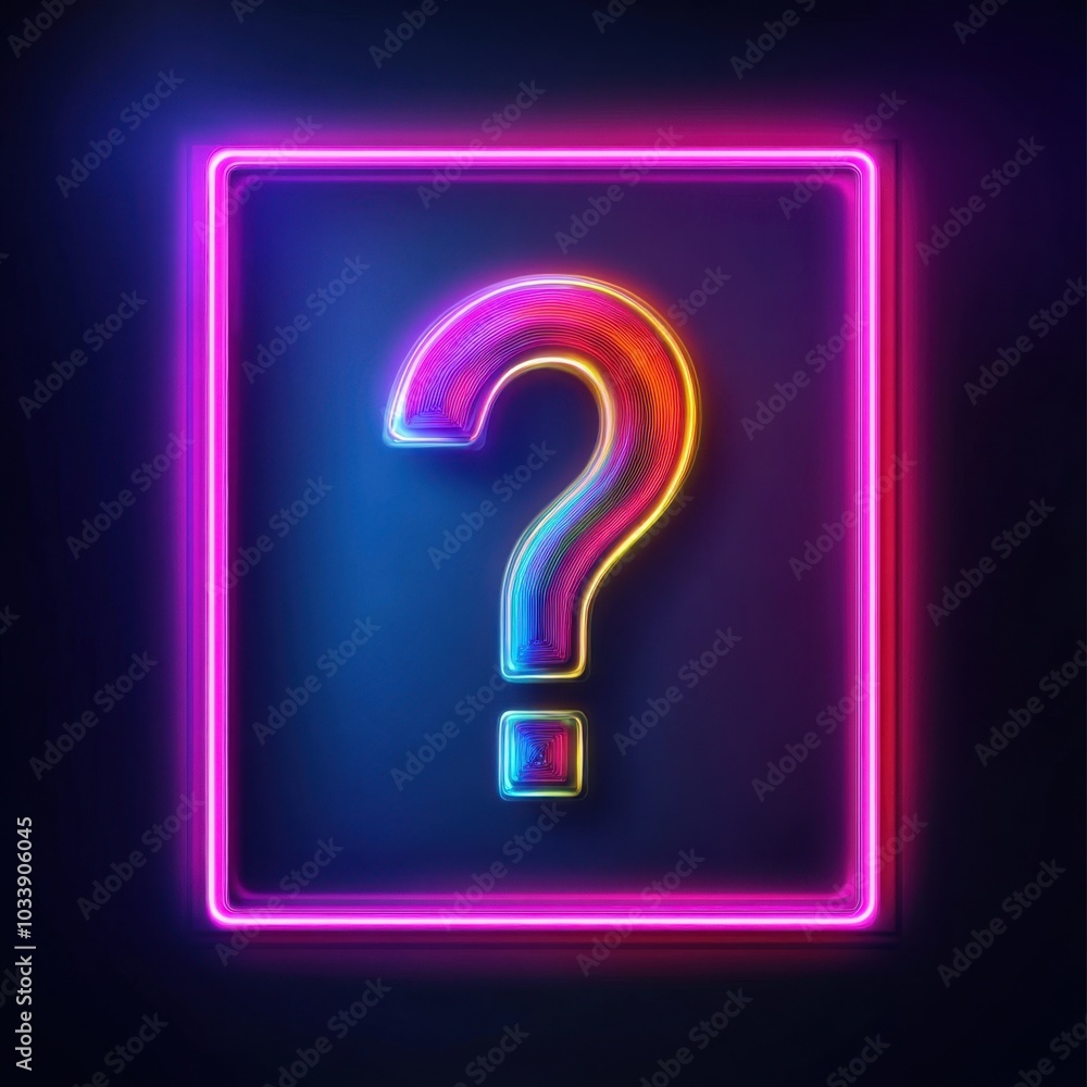 Interactive Neon Quiz Game Frame with Glowing Question Mark on White Background Interactive Neon Quiz Game Frame with Glowing Question Mark on White Background