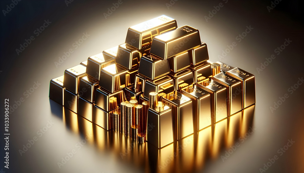 3D Glossy Gold Bars on Reflective Surface with Luxury Ambiance | Camera Tracking Shot Reveals Extensive Copy Space on a Dark Background | Golden Accents Design for Premium Visuals 3D Glossy Gold Bars on Reflective Surface with Luxury Ambiance | Camera Tracking Shot Reveals Extensive Copy Space on a Dark Background | Golden Accents Design for Premium Visuals