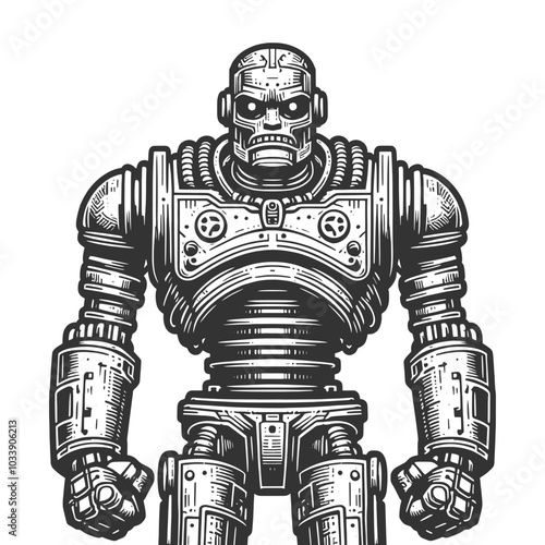 robot with an industrial design, mechanical parts and a strong, powerful stance, retro-futurism sketch engraving generative ai vector illustration. Scratch board imitation. Black and white image.