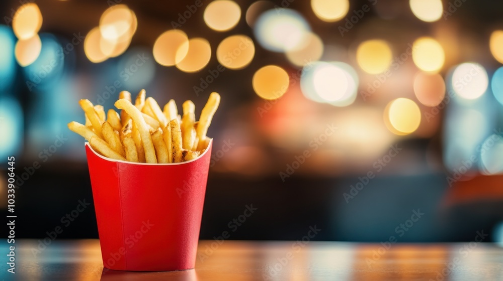 Crispy French Fries in Red Paper Container Crispy French Fries in Red Paper Container
