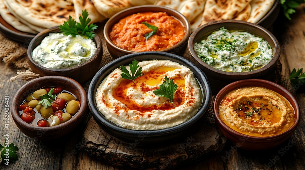 An overhead view of pita bread served with a variety of Mediterranean dips, including hummus, baba ganoush, and tzatziki. The soft, An overhead view of pita bread served with a variety of Mediterranean dips, including hummus, baba ganoush, and tzatziki. The soft,