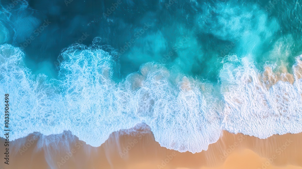 aerial view of ocean waves gently crashing onto a sunlit beach, capturing the essence of a serene summer vacation; the vibrant blue water and golden sand create a relaxing coastal atmosphere aerial view of ocean waves gently crashing onto a sunlit beach, capturing the essence of a serene summer vacation; the vibrant blue water and golden sand create a relaxing coastal atmosphere
