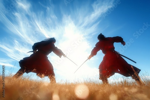 Cossack sword fighters dueling on the steppes, the wide open plains and cold, blue sky creating a dramatic, expansive backdrop photo