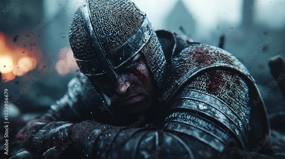 Battle-Weary Templar Knight Covered in Blood and Wounds, Cinematic Close-Up on a Dramatic Battlefield Battle-Weary Templar Knight Covered in Blood and Wounds, Cinematic Close-Up on a Dramatic Battlefield
