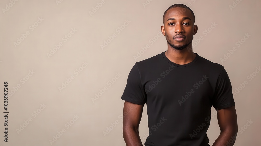 african american man in a blank black t-shirt standing proudly against a neutral backdrop, ideal for showcasing logos or branding designs african american man in a blank black t-shirt standing proudly against a neutral backdrop, ideal for showcasing logos or branding designs