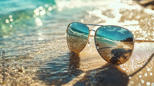 Wallpaper Mural Traveler's sunglasses reflecting a beach scene, symbolizing relaxation and travel. Torontodigital.ca