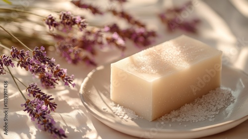 A serene soap bar surrounded by lavender flowers and salt.