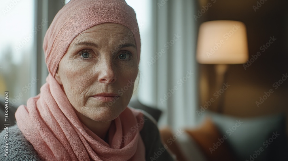 Middle-aged woman in a pink headscarf Women's Breast Breast Cancer Support Middle-aged woman in a pink headscarf Women's Breast Breast Cancer Support