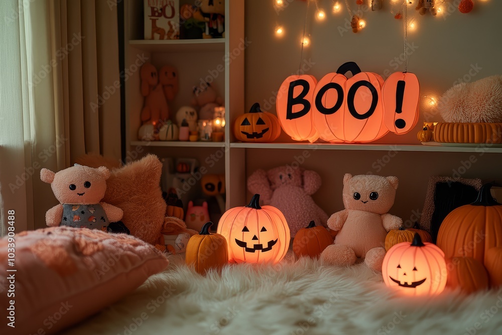 Cozy Halloween room adorned with pumpkin lanterns, plush toys in orange and black, and a playful Cozy Halloween room adorned with pumpkin lanterns, plush toys in orange and black, and a playful