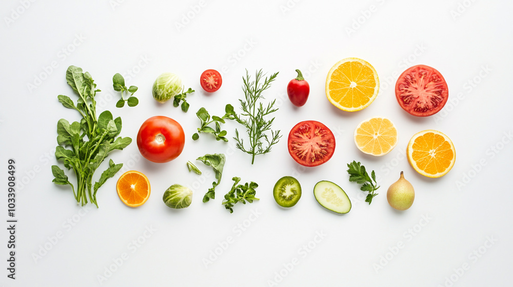A vibrant flat lay of fresh fruits, vegetables, arranged on a clean white background, symbolizing a healthy and active lifestyle. A vibrant flat lay of fresh fruits, vegetables, arranged on a clean white background, symbolizing a healthy and active lifestyle.