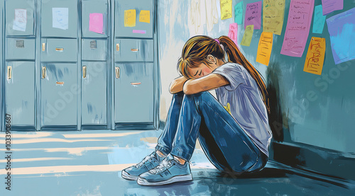 Illustration d'une jeune fille triste assise par terre dans un couloir d'école, pleurant, concept de harcèlement scolaire ou sur les réseaux sociaux.