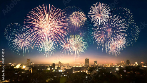 fireworks night sky with a city in the background photo