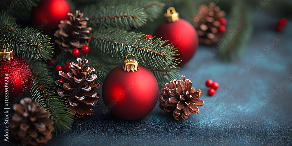 A Christmas tree with red ornaments and pine cones. The pine cones are scattered around the tree and the ornaments are placed on top of them A Christmas tree with red ornaments and pine cones. The pine cones are scattered around the tree and the ornaments are placed on top of them