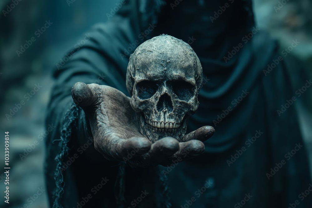 Dramatic grim reaper extending a hand with a skull on a misty dark background, capturing the essence of dark fantasy in hyper-realistic photography. Dramatic grim reaper extending a hand with a skull on a misty dark background, capturing the essence of dark fantasy in hyper-realistic photography.